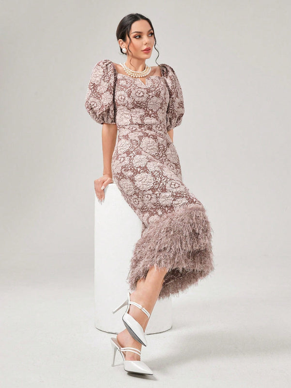 Modely Vestido ajustado jacquard de cuello notch de manga farol ribete lanudo con abertura trasera
