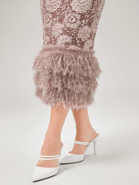 Modely Vestido ajustado jacquard de cuello notch de manga farol ribete lanudo con abertura trasera