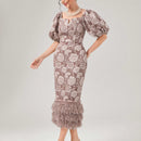 Modely Vestido ajustado jacquard de cuello notch de manga farol ribete lanudo con abertura trasera