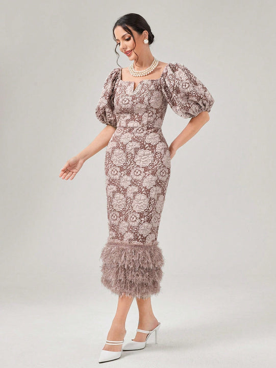 Modely Vestido ajustado jacquard de cuello notch de manga farol ribete lanudo con abertura trasera