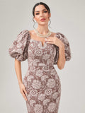 Modely Vestido ajustado jacquard de cuello notch de manga farol ribete lanudo con abertura trasera