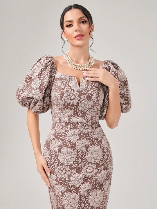 Modely Vestido ajustado jacquard de cuello notch de manga farol ribete lanudo con abertura trasera