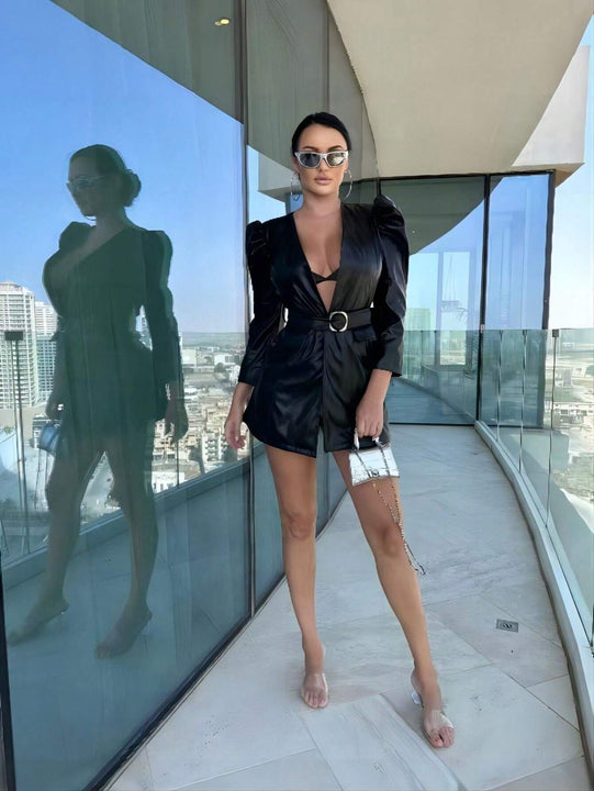 SXY Abrigo unicolor PU de manga farol con cinturon