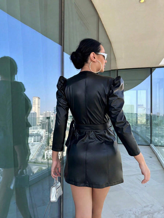 SXY Abrigo unicolor PU de manga farol con cinturon