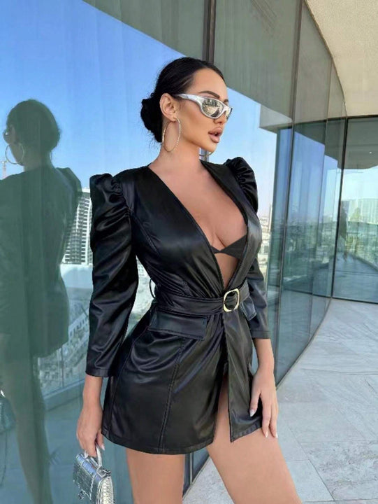 SXY Abrigo unicolor PU de manga farol con cinturon