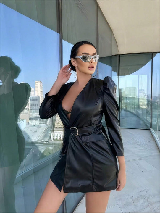 SXY Abrigo unicolor PU de manga farol con cinturon