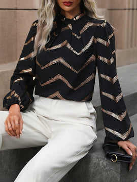 Clasi Blusa con estampado de cheuron de manga farol ribete fruncido de cuello alto