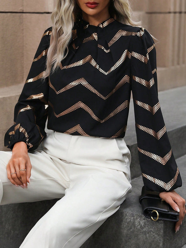 Clasi Blusa con estampado de cheuron de manga farol ribete fruncido de cuello alto
