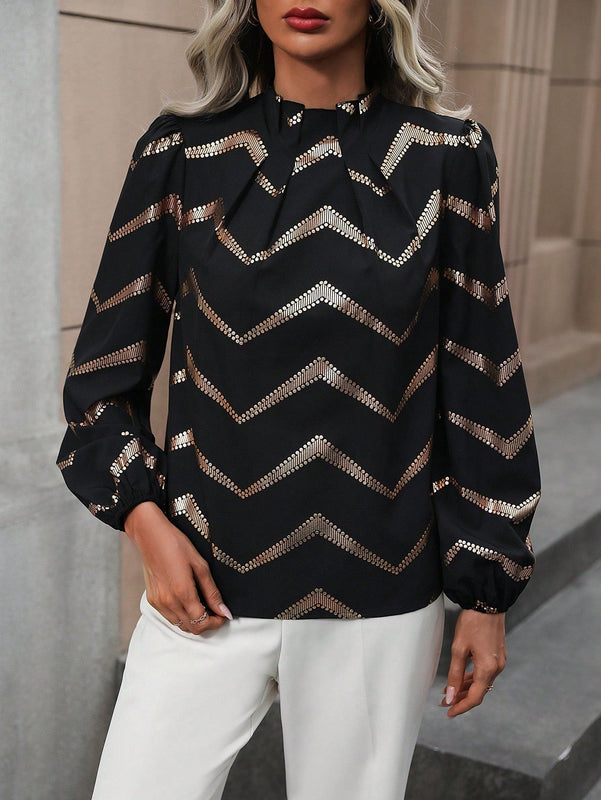 Clasi Blusa con estampado de cheuron de manga farol ribete fruncido de cuello alto
