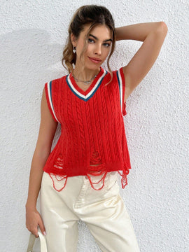 EZwear Chaleco de punto ribete de rayas desgarro