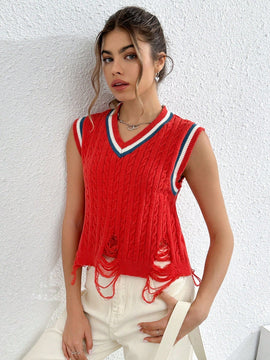 EZwear Chaleco de punto ribete de rayas desgarro