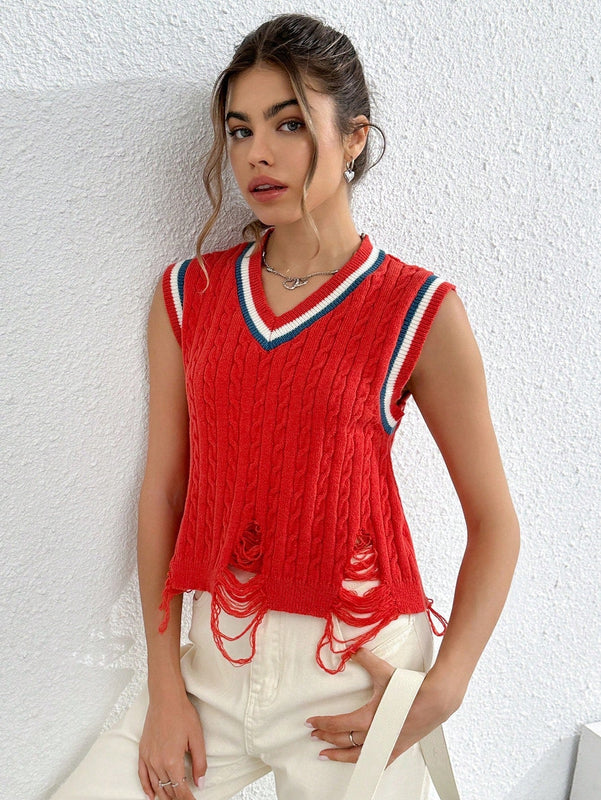EZwear Chaleco de punto ribete de rayas desgarro