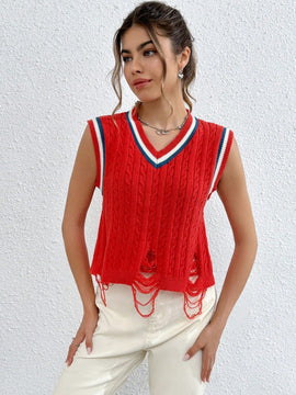 EZwear Chaleco de punto ribete de rayas desgarro