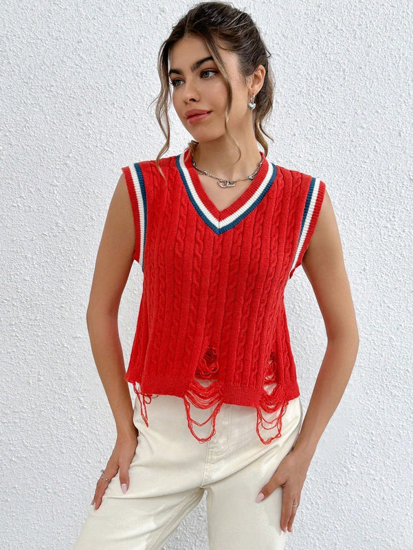 EZwear Chaleco de punto ribete de rayas desgarro