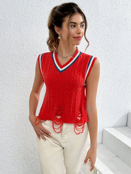 EZwear Chaleco de punto ribete de rayas desgarro