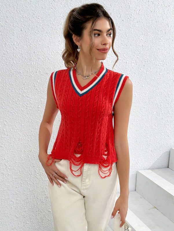 EZwear Chaleco de punto ribete de rayas desgarro