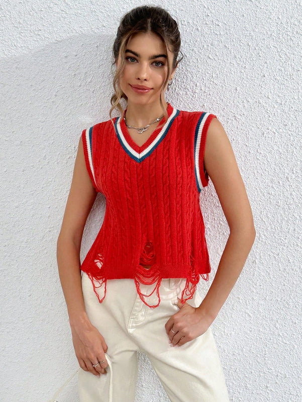 EZwear Chaleco de punto ribete de rayas desgarro