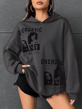 Ezwear sudadera con capucha con grafico de retrato con eslogan de manga larga y caida de hombros roja para mujer de otono/invierno