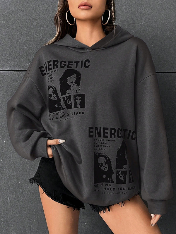 Ezwear sudadera con capucha con grafico de retrato con eslogan de manga larga y caida de hombros roja para mujer de otono/invierno