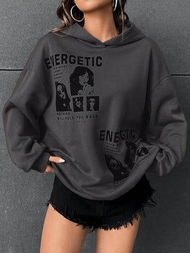 Ezwear sudadera con capucha con grafico de retrato con eslogan de manga larga y caida de hombros roja para mujer de otono/invierno