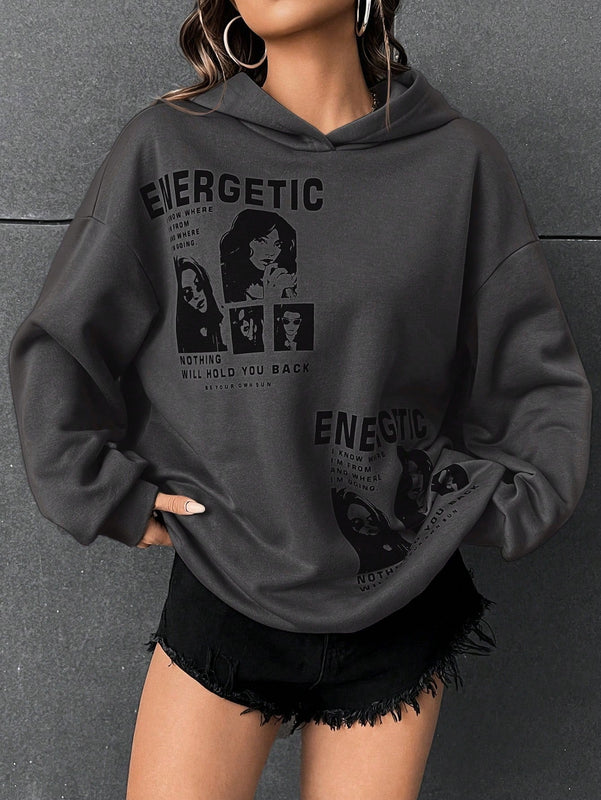 Ezwear sudadera con capucha con grafico de retrato con eslogan de manga larga y caida de hombros roja para mujer de otono/invierno