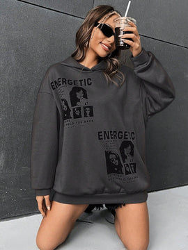 Ezwear sudadera con capucha con grafico de retrato con eslogan de manga larga y caida de hombros roja para mujer de otono/invierno