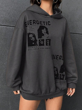 Ezwear sudadera con capucha con grafico de retrato con eslogan de manga larga y caida de hombros roja para mujer de otono/invierno
