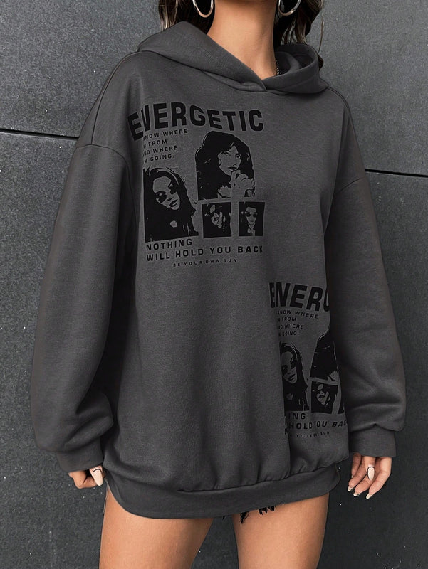 Ezwear sudadera con capucha con grafico de retrato con eslogan de manga larga y caida de hombros roja para mujer de otono/invierno