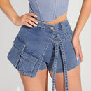 Haute Shorts De Mezclilla Con Solapa, Hebilla Y Envoltura De Bolsillo