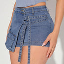Haute Shorts De Mezclilla Con Solapa, Hebilla Y Envoltura De Bolsillo