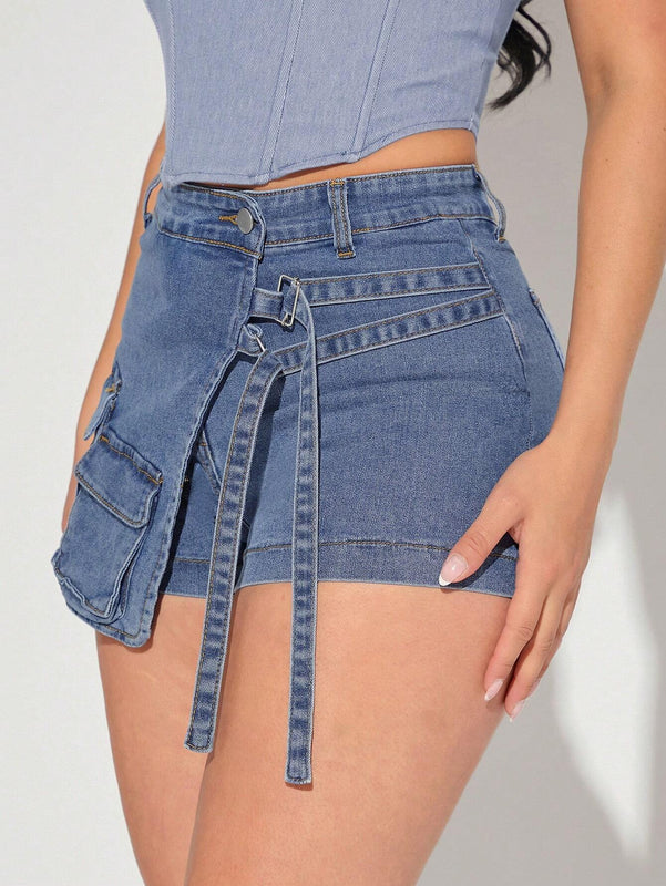 Haute Shorts De Mezclilla Con Solapa, Hebilla Y Envoltura De Bolsillo