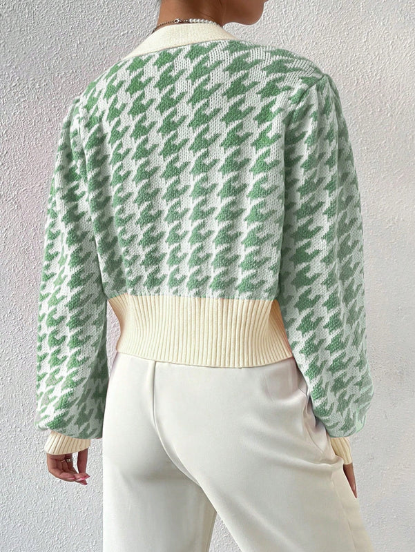 Essnce cardigan casual de mujer con botones y mangas de farol, dobladillo ancho y estampado de pata de gallo