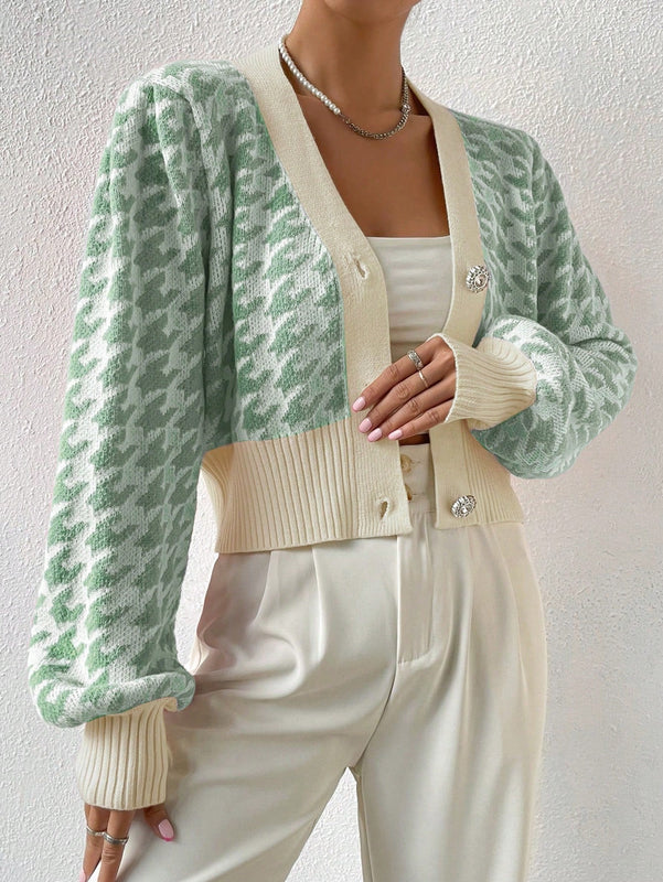 Essnce cardigan casual de mujer con botones y mangas de farol, dobladillo ancho y estampado de pata de gallo