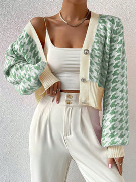 Essnce cardigan casual de mujer con botones y mangas de farol, dobladillo ancho y estampado de pata de gallo