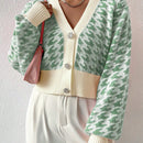 Essnce cardigan casual de mujer con botones y mangas de farol, dobladillo ancho y estampado de pata de gallo