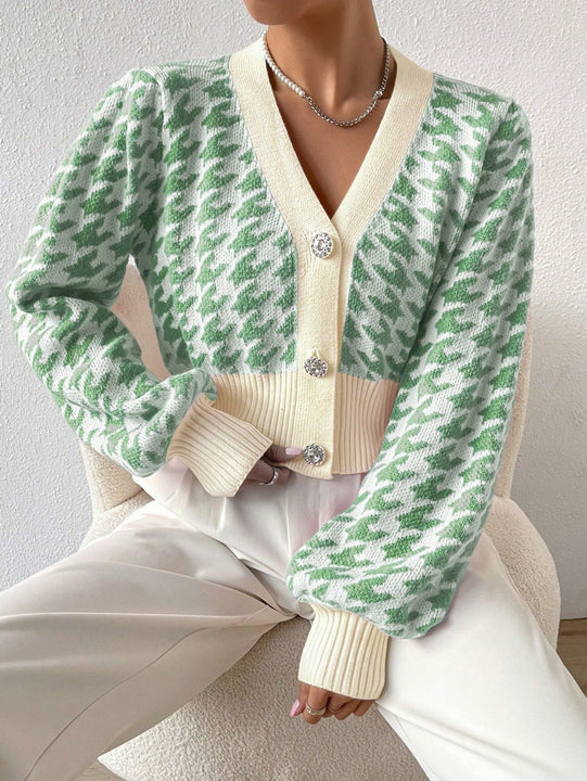 Essnce cardigan casual de mujer con botones y mangas de farol, dobladillo ancho y estampado de pata de gallo