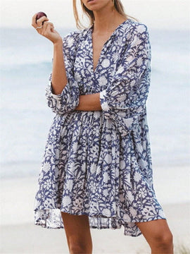 Vestido con estampado con cordon cuello de manga farol
