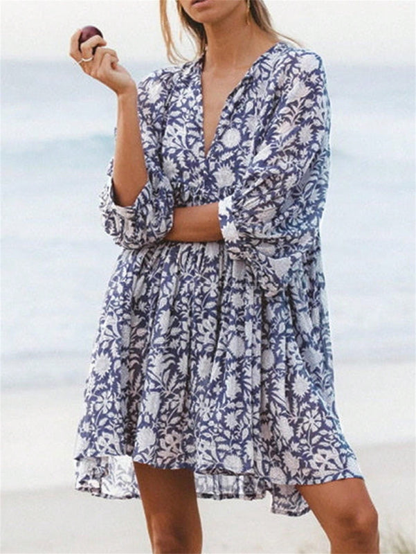 Vestido con estampado con cordon cuello de manga farol