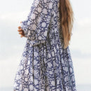 Vestido con estampado con cordon cuello de manga farol