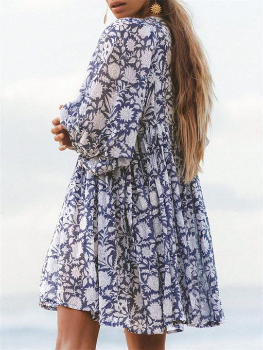 Vestido con estampado con cordon cuello de manga farol