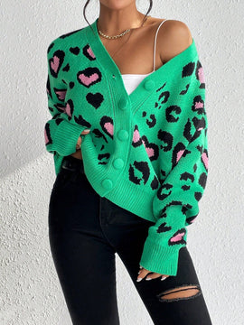 Essnce cardigan de manga larga con hombros caidos y estampado de leopardo para mujer, otono/invierno