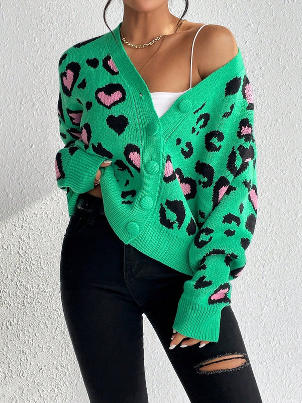 Essnce cardigan de manga larga con hombros caidos y estampado de leopardo para mujer, otono/invierno