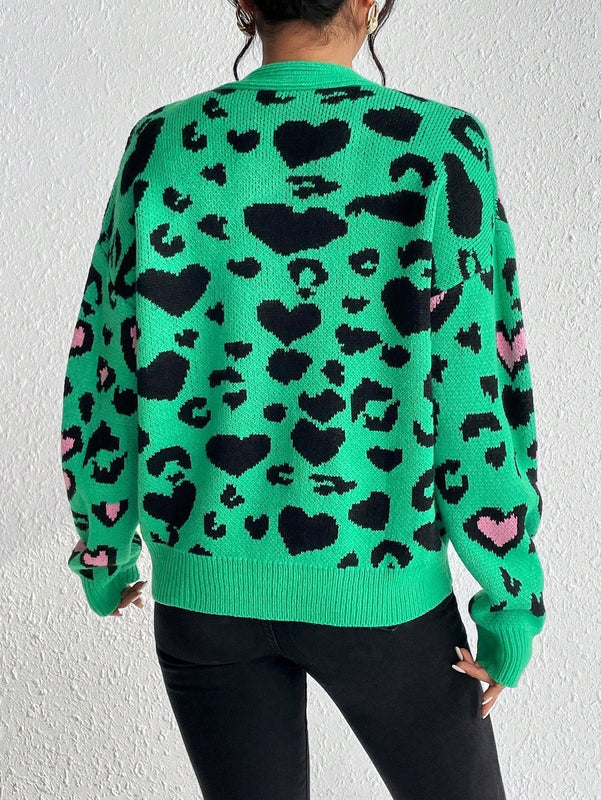 Essnce cardigan de manga larga con hombros caidos y estampado de leopardo para mujer, otono/invierno
