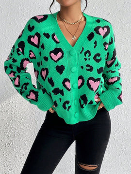 Essnce cardigan de manga larga con hombros caidos y estampado de leopardo para mujer, otono/invierno