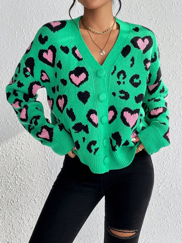 Essnce cardigan de manga larga con hombros caidos y estampado de leopardo para mujer, otono/invierno