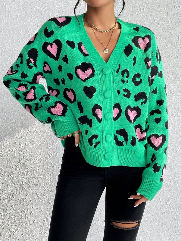 Essnce cardigan de manga larga con hombros caidos y estampado de leopardo para mujer, otono/invierno