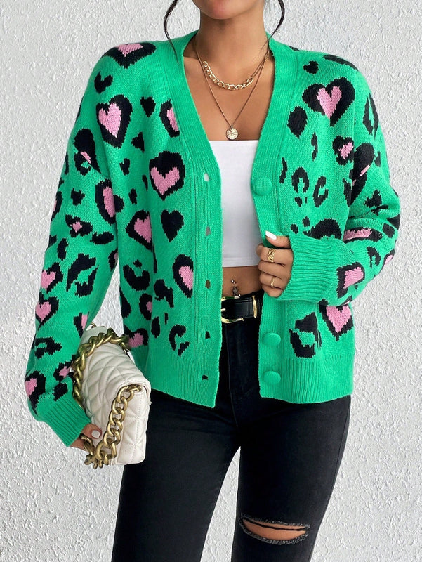 Essnce cardigan de manga larga con hombros caidos y estampado de leopardo para mujer, otono/invierno
