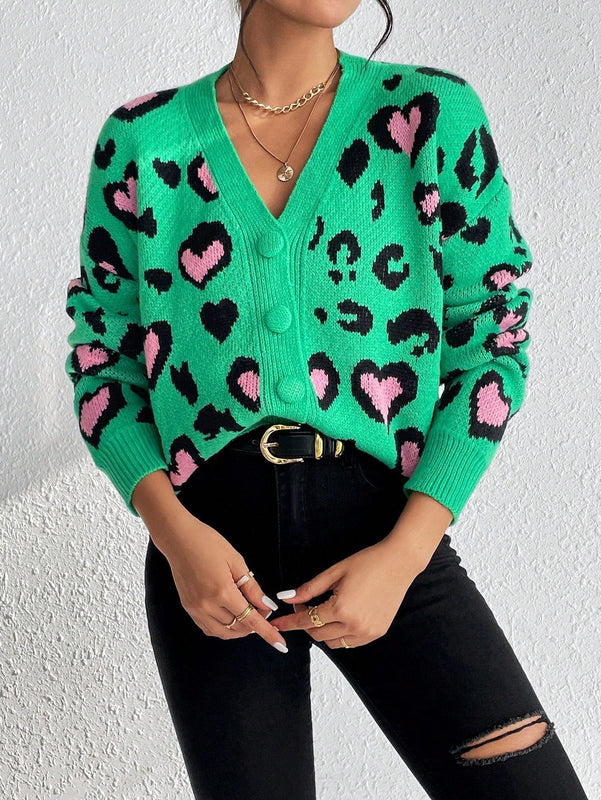Essnce cardigan de manga larga con hombros caidos y estampado de leopardo para mujer, otono/invierno