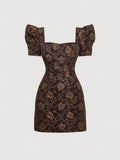 Mod vestido floral jacquard de cuello cuadrado de manga farol