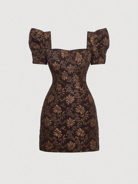 Mod vestido floral jacquard de cuello cuadrado de manga farol